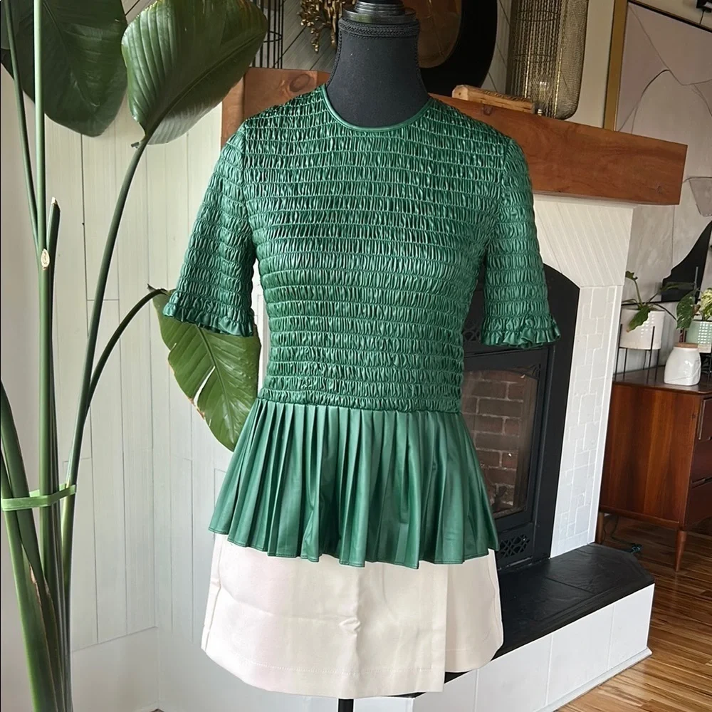 ZARA Green Faux Leather Smocked Peplum Top - Picture 10 of 13